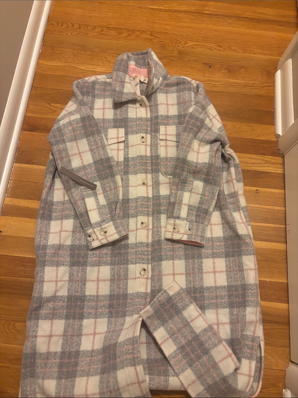 NWT Anthropologie Plaid Button-Up Shacket in Cream, Gray & Pink